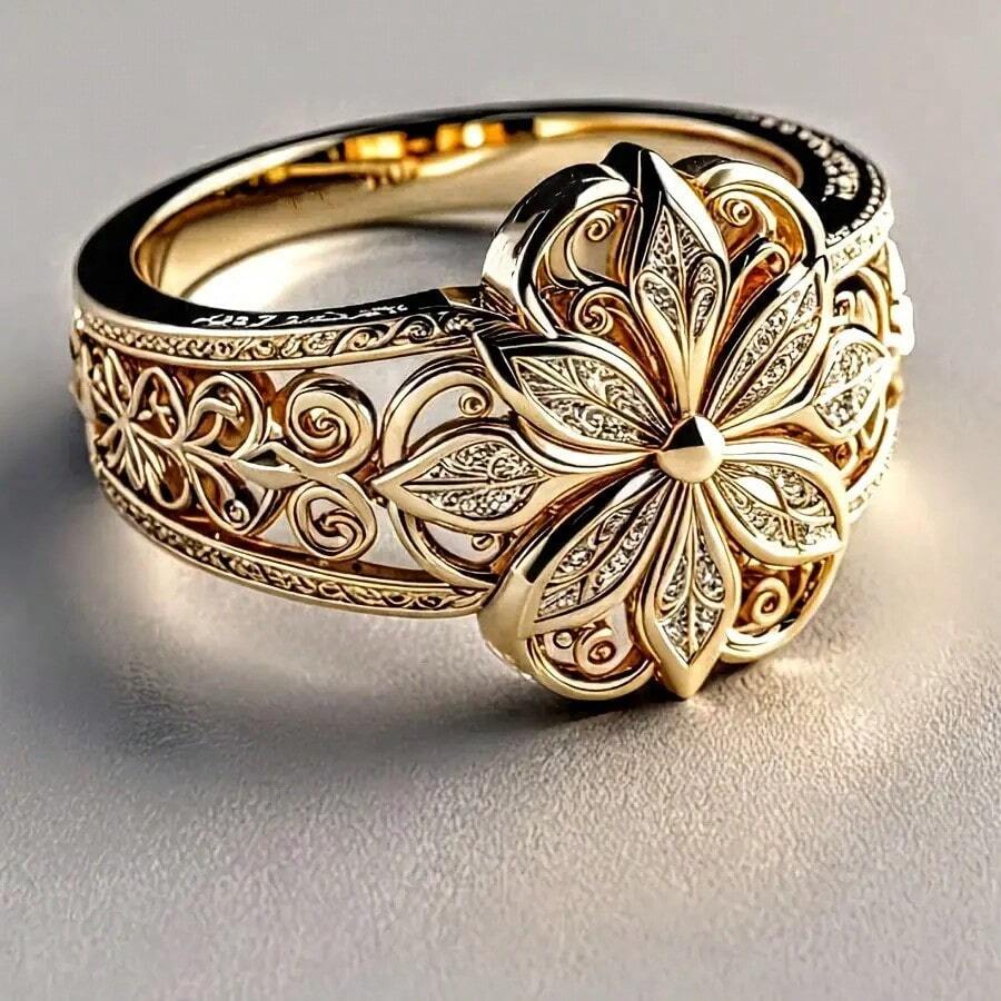 Hand-Carved Floral Copper Ring For Women - KC Gold-Plated Elegant Vintage Flower Jewelry, Exquisite Leaf And Petal Design, Durable For Daily And Special Occasions, Perfect Christmas Gift For Wife (Suitable For Year-Round Wear) - 金色的 - 查看 1