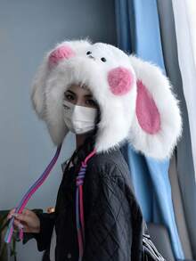 1 pieza Gorro de orejeras de felpa cálido de otoño/invierno, Sombrero de cubo con orejas de conejo lindo, Sombrero de invierno grueso y esponjoso para mujer - Multicolor - Ver 2