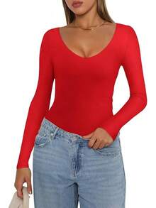V Neck Long Sleeve Bodysuit - Comfy Double Lined Basic Top - Red - View 3