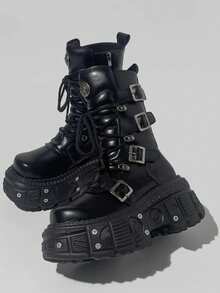 Goth Platform Chunky Boots For Women Lace Up Round Toe Rivet Combat Boots Daily Casual Cosplay Or Gothic Dresses Halloween Concert Festival Mid-Calf Boots - 黑色 - 查看 8