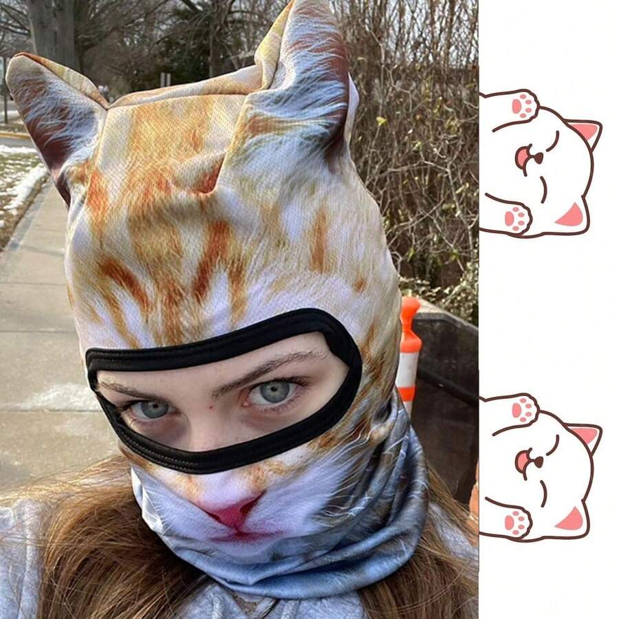 3D Cat/Dog Skiing Balaclava Hat With Ears Cute Animal Halloween Party Mask Lightweight Outdoor UV Protection Hat - Multicolor - View 1