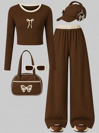 2pcs/Set Girls' Casual Fashion Outfit, Includes Butterfly Print Long Sleeve Top And Loose Straight Pants, Suitable For School, Gatherings, Outdoor Activities And Daily Wear, Spring/Autumn/Winter