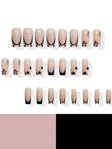 24 pezzi di adesivi per unghie quadrate di media-lunga lunghezza, motivo a strisce rosa e nero con coccodrillo, decorazione 3D floreale carina, adatto per uso quotidiano, appuntamenti e feste delle donne (con: 1 pezzo di colla gel e 1 lima)