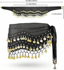 Chiffon Belly Dance Hip Scarf With 128 Coins For Yoga Class - Black - View 10