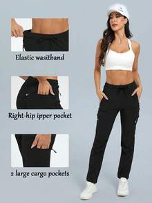 女士轻便速干旅行高尔夫工装裤，带拉链口袋 - 黑色 - 查看 3