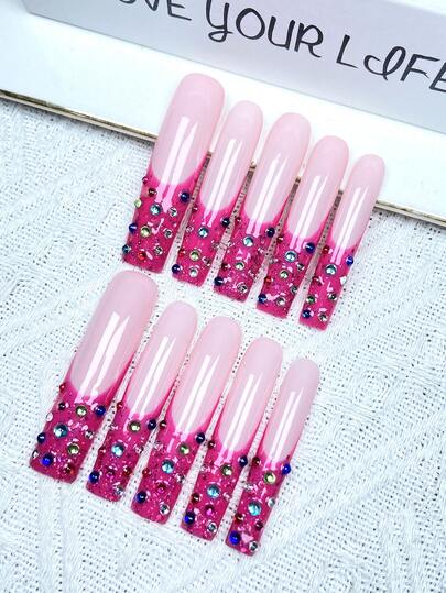 10 sztuk Y2K French Press On Nails, pełne pokrycie, sztuczne paznokcie, ręcznie robione, prasowane paznokcie z 3D błyszczącymi kryształkami, dekoracja ze stopu, idealne na wesela, imprezy, walentynki, urodziny, prezenty świąteczne, idealnie dopasowane, wielokrotnego użytku zdobienia paznokci, 1 szt. żel żelowy/1 szt. mini paski polerujące, odpinany zestaw prasowanych paznokci, odpowiednie dla kobiet i dziewcząt na imprezy świąteczne i do codziennego użytku, produkty do paznokci