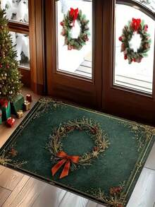 1pc New Christmas Wreath Bow Doormat - Christmas Gift, Suitable For Living Room, Bedroom, Indoor - Machine Washable -- Flannel Material, Delicate Wrap, Skin-Friendly, No Pilling, Slightly Water-Resistant Easy Care, Odorless - Ideal For Home Decor, Room Decor, Living Room Carpet, Bedroom Carpet, Bathroom Carpet, Kitchen Carpet, Area Rug, Hotel Decor - Area Rug, All Season Use