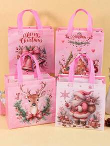 4/8pcs Pink Christmas Tote Bags With Handles, Santa Claus Elk Bell Pattern Reusable Gift Bags, Grocery Shopping Bag, Non-Woven Bags, Party Favors Bags, Festive Christmas Decorations For Home 2025 Xmas Gifts Christmas New Year 2026 Packaging Bags