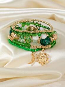 6pcs/Set Green Glass Bead & Crystal Bead Stretch Bracelet With Metal Sun & Moon Charms, Fashion Bracelets For Women