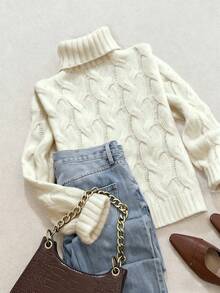 Áo len dệt kim tay dài cổ cao họa tiết dây thừng xoắn màu nâu thanh lịch thời trang thu đông thoải mái, dễ chịu, trang phục mùa thu cho nữ, trang phục mùa đông cho nữ, áo thu, trang phục công sở, trang phục thường ngày cho nữ - Màu be - Xem 5