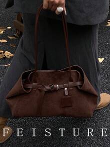 1 件大容量肩带装饰手提包，新款绒面革通勤单肩包，磁扣，适合日常外出、约会、通勤 - 咖啡 - 查看 10