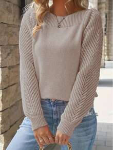 V-Neck Casual Loose Pullover Knit Sweater, Long Sleeve Women Knitwear - Apricot - View 3