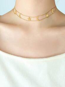 قلادة نسائية من الطبقتين بعنصر النجوم والقمر باللون الذهبي، قلادة خانق من الفولاذ المقاوم للصدأ بشكل النجوم والقمر، إكسسوار يومي متعدد الطبقات، هدية