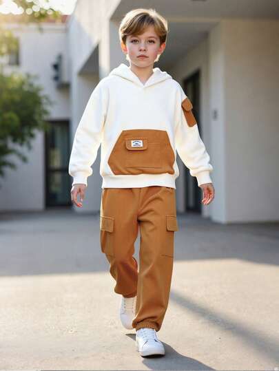 2pcs/Set Teenage Boys' Thick Long Sleeve Hoodie Sweatshirt And Drawstring Sweatpants, Multi-Pocket Design, Fashionable And Comfortable, Suitable For Spring And Autumn Outdoor Casual Wear