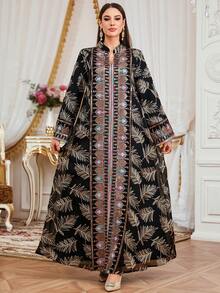 SISKAKIA Luxury Leaf Pattern Woven Fabric Sequin Patchwork Embroidered Dress, Suitable For Holiday, School, Office, Date, All Seasons Eid - Black - View 3