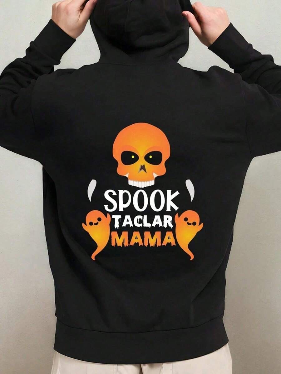 1-Pack Men's Funny Spooky Spanish Mama & Boo Ghosts Halloween Hooded Sweatshirt - Black & Orange Graphic Pullover, Breathable Polyester Long Sleeve Hoodie For Autumn Winter, Casual & Costume Part,Fall Hoodies,Men's Fall Clothes,Street Wear,Halloween,Mens Hoodies,Y2k Clothes,Jesus Hoodie,Thanksgiving Day,Nightmare Before Christmas,Christmas - 黑色 - 查看 1