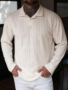 男士秋冬复古休闲日常纯色针织菱形提花常规版型长袖 Polo 衫