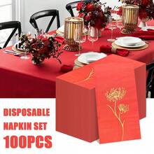Guardanapos descartáveis com estampagem a quente vermelha de 15,74 x 13 polegadas, 100/60/20 unidades, padrão floral, usados para celebrações tradicionais de feriados, festas de aniversário, banquetes de casamento, festas de noivado, ocasiões sociais de negócios, uso diário em hotéis e indústrias de catering, etc.