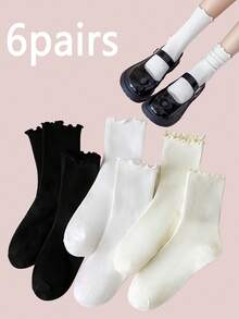 6 Pairs Women's Solid Color Casual Polyester Ruffle Trim Mid-Calf Socks, Suitable For All Seasons