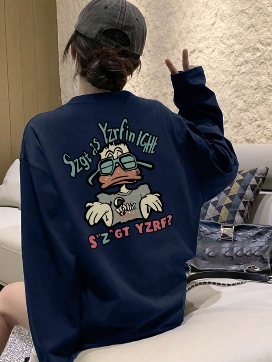 女士宽松棉质字母卡通鸭子印花长袖T恤，百搭春秋季 - 藏蓝色 - 查看 1