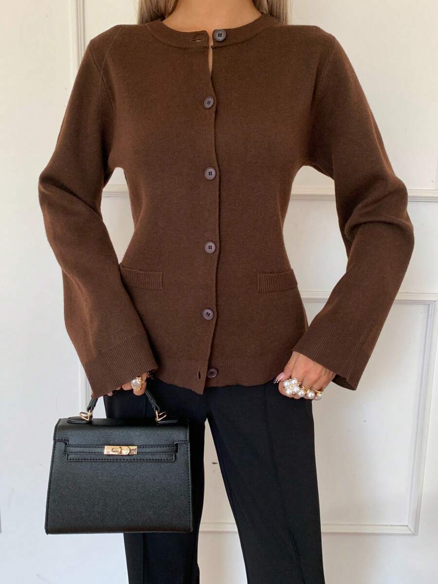SEREN Neue Herbst/Winter Rundhals Braun Vorder-Strick Cardigan, Damen Casual Merinowolle Strickjacke, geeignet für Pendeln und täglichen Gebrauch - Braun - Übersicht 1
