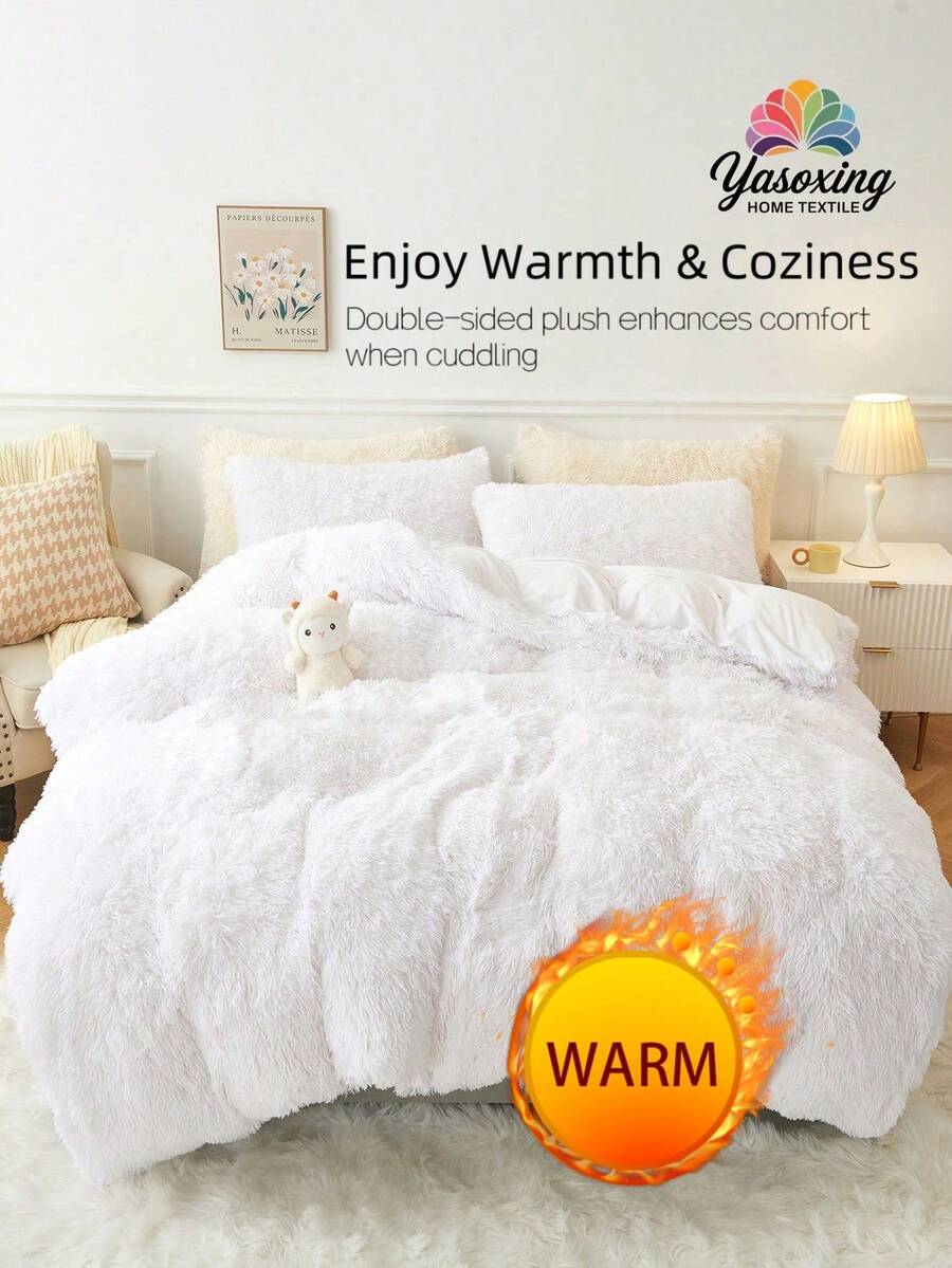 2/3 件白色纯色床上用品毛绒蓬松羽绒被套套装温暖蓬松人造毛皮羽绒被套带枕套（1 件人造毛皮羽绒被套 + 1/2 件枕套）床上用品套装适用于卧室客房特大号双人床尺寸水晶天鹅绒波西米亚风床上用品，配有 1 个羽绒被套和 2 个枕套，适合别致的家居 - 白色 - 查看 1