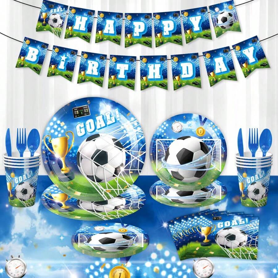 80/50/40/30/20/10pcs Kids Soccer Theme Party Supplies Set - Paper Plates, Cups, Napkins, Suitable For Birthday Parties, Festivals, Sports Fan Gatherings