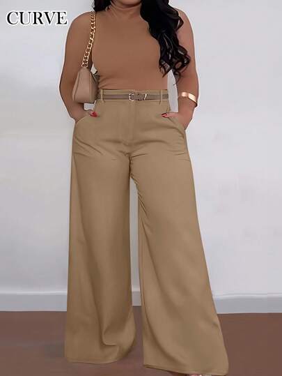 ANCHOSE Pantalones acampanados de talle alto con diseño de bolsillo para mujer talla grande, color caqui