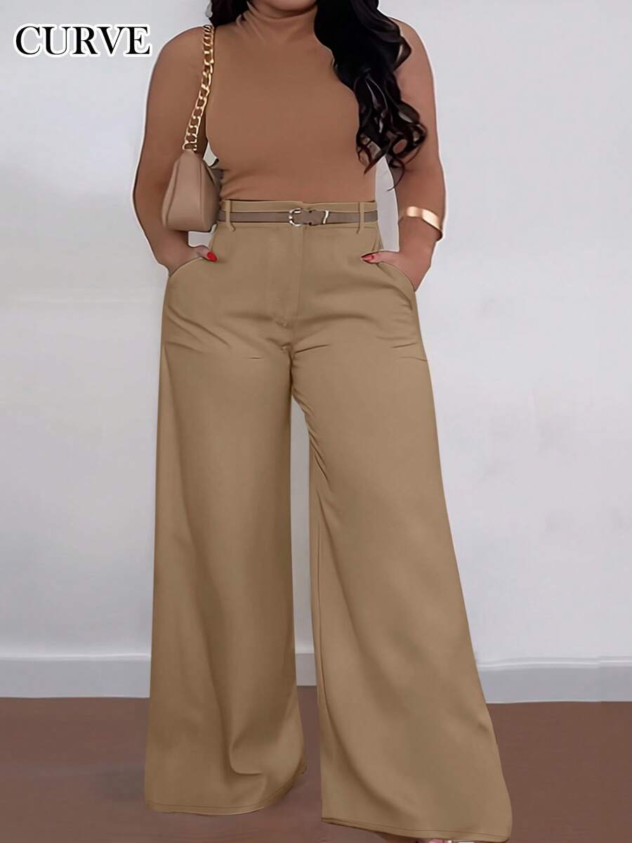 ANCHOSE Quần ống loe cạp cao có túi dành cho nữ cỡ lớn, màu kaki mùa xuân. - Màu Khaki - Xem 1