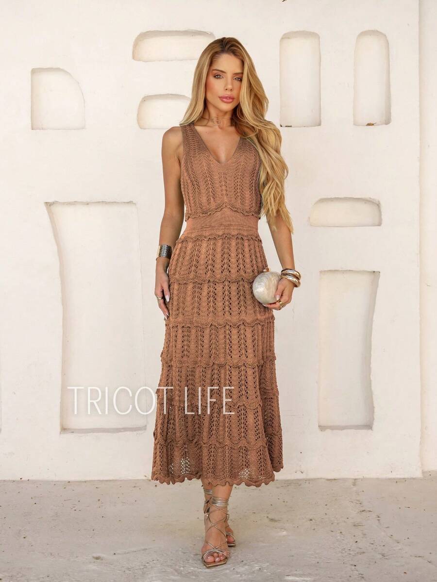 Women's Midi Dress Knit Summer Crochet Ruffles Party Beach Elegant - 摩卡棕 - 查看 1