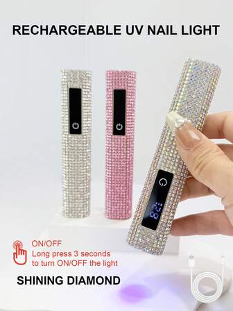 1pc USB Rechargeable Handheld UV LED Nail Lamp, Rhinestone Design Manicure Lamp With LED Display Screen, Easy To Control Lighting Time, Portable Mini Nail Gel Curing Light, Hexagon Diamond Nail Art Lamp, Powerful LED Beads, 8X Magnifying Lens For Fast Gel Curing, Efficient Manicure