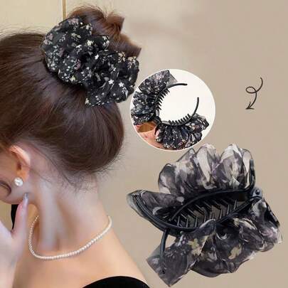 Elegante fermaglio per capelli in chiffon stampato e grinzoso, di grandi dimensioni, nuovo accessorio per capelli per acconciature raccolte, 2025