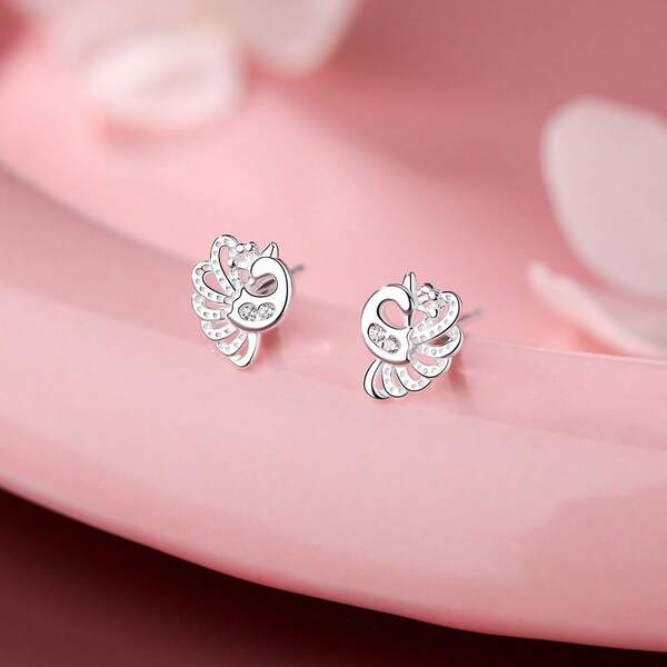 1 Pair Elegant S999 Pure Silver Hollow Peacock Cubic Zirconia Stud Earrings, Suitable For Women's Daily Wear