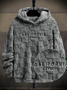 1pc Men Long Sleeve Jacquard Fleece Hooded Sweatshirt, Casual Everyday Wear,Letter Embroidery Teddy Hoodie, Embroidered Loose Plaid Fleece Hoodie Men's,Men's Winter Hoodie For Winter Daily Outing Plush - Grey - View 2