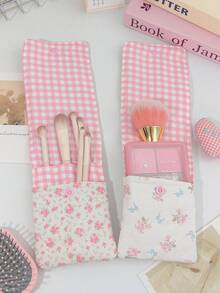 Bolsa de Armazenamento de Pincéis de Maquiagem Acolchoada Floral, Bolsa de Cosméticos com Botão de Pressão, Pequena Bolsa Organizadora para Pincéis de Maquiagem, Batom, Artigos de Papelaria, Viagem e Uso Diário - Multicolorido - Visão 3