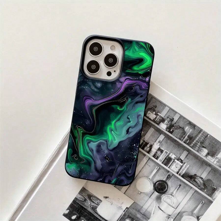 Fundas para teléfonos de imitación con orificios grandes para teléfonos con rayas verdes y moradas fluidas, diseñadas para las series 16 Pro, 16, 15 Pro, 14, 14 Plus, 14 Pro, 13, 13 Pro, 12 Pro y 11/11 Pro, regalos de cumpleaños y celebraciones - Negro - Ver 1