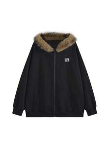 Casual Versatile Retro Fur Collar Hoodie - Black - View 5