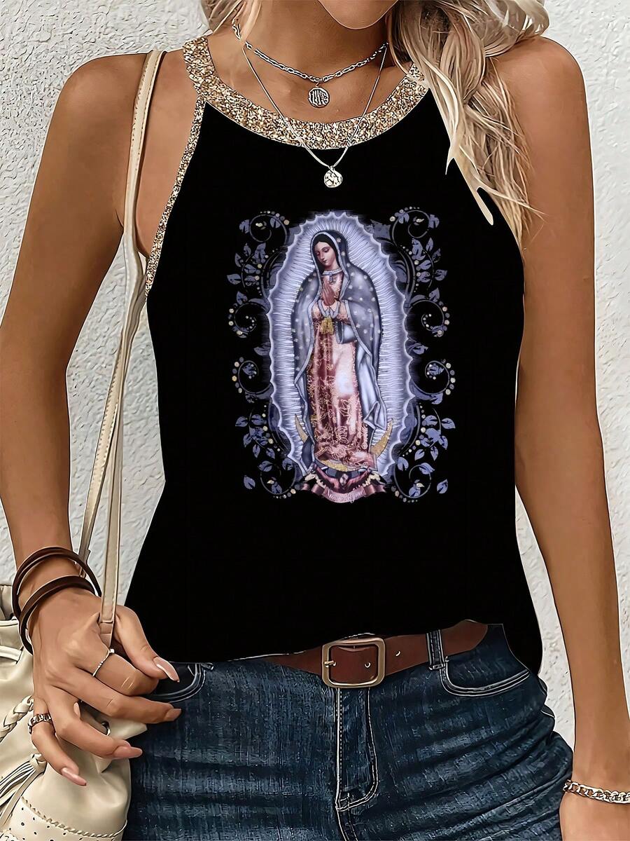 Our Lady Of Guadalupe Graphic Women's Casual Printed 150g Summer Vest, Suitable For Beach And Vacation - màu đen - Xem 1