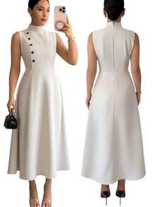 Women's Elegant Evangelical Sleeveless Midi Dress, High Neck With Side Buttons, Chic Tailoring, Casual And Party Wedding Dress - 米色 - 查看 1