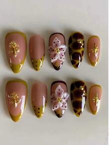 10Pcs 3D Flower Press On Nails Green French Tips Fake Nails Medium Almond False Nails Tropical Flowers Ombre Stick On Nails 3D Golden Flowers Floral Design False Nails Glue On Nails For Women GirlsInclude: 1pc Jelly Glue & 1pc Nail File