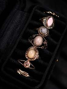7pcs/Set Vintage Unique Luxurious Old Money Style Exquisite Bohemian Antique Gold Colored Gemstone Ring Set, For Women Daily Wear, Festivals & Parties