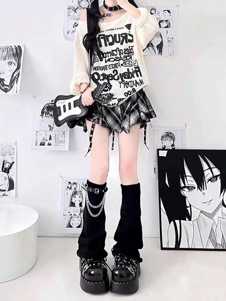1 paire de jambières tricotées à chaîne en forme de cœur, style punk goth, jambières gothiques noires pour femmes, accessoire mode sweet & edgy, jambières évasées Lolita de la sous-culture Harajuku Y2K - Multicolore - Voir 3