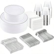 700 Pieces Gold Dinnerware Set - Guests Disposable Dinnerware Set Party, Wedding, Include: 200 Plates With Gold Trim, Cups, Napkins, Plastic Silverware Sets - 50 位嘉賓 + 銀牌 - 查看 1