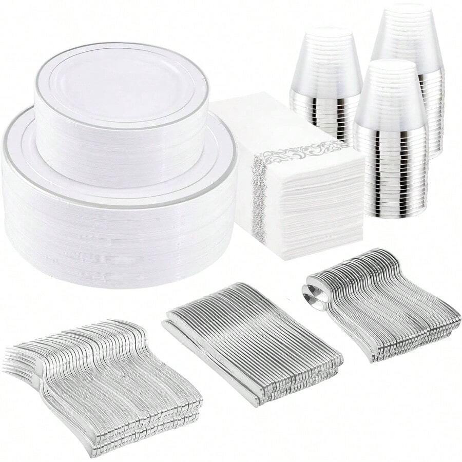 700 Pieces Gold Dinnerware Set - Guests Disposable Dinnerware Set Party, Wedding, Include: 200 Plates With Gold Trim, Cups, Napkins, Plastic Silverware Sets - 50 位嘉賓 + 銀牌 - 查看 1