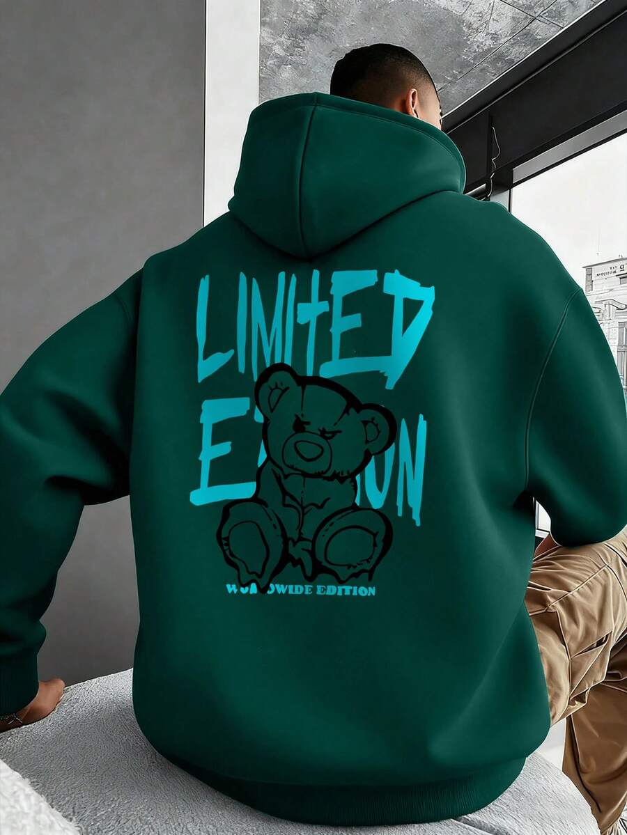 Men's Casual Fashionable Versatile Street Hoodie With Letter, Cartoon Bear Print And Kangaroo Pocket, Drawstring, Autumn/Winter - Green - View 1