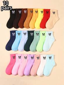 10 Pairs Kids Random Candy Color Bowknot Sports Casual Mid-Calf Socks, Warm For Autumn/Winter