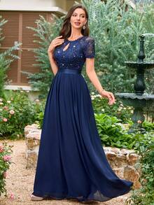 MIUSOL Đầm dạ hội dài bằng chiffon xếp ly, cổ khoét hình giọt nước, viền ren hoa đính sequin, chất liệu chiffon, thích hợp cho khách dự đám cưới, lễ tốt nghiệp, tiệc gala và các dịp khác. Mùa xuân. - Màu xanh hải quân - Xem 9