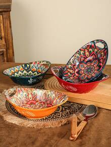Ceramic Salad Bowls Set, 19 Oz Porcelain Soup Bowl Set Of 4, Colorful Serving Bowls With Handle For Dinner, Pasta, Oatmeal, Bohemian Style, Microwave & Dishwasher - Nhiều màu - Xem 5