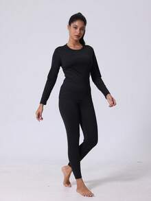 Lange Unterhosen Thermounterwäsche für Damen, Thermofutter Basis Layer Pyjama Set für kaltes Wetter, Winter, Gym, Training, Outdoor Sport, Laufen, Ski, Basketball, Reiten, Jagd, Thermo-Komplett-Outfit Thermounterwäsche Oberteil und Hose Set - Schwarz - Übersicht 4