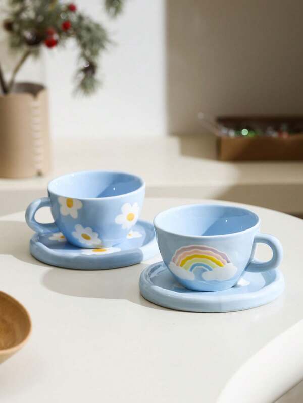 1 zestaw asymetrycznych, nowych, kreatywnych, wzorzystych ceramicznych filiżanek i spodków, japoński, retro, wysokiej jakości kubek do kawy, zestaw filiżanek i spodków do popołudniowej herbaty/kawy, zestaw filiżanek i spodków do latte do biura, prezent urodzinowy/świąteczny, prezent dla przyjaciół